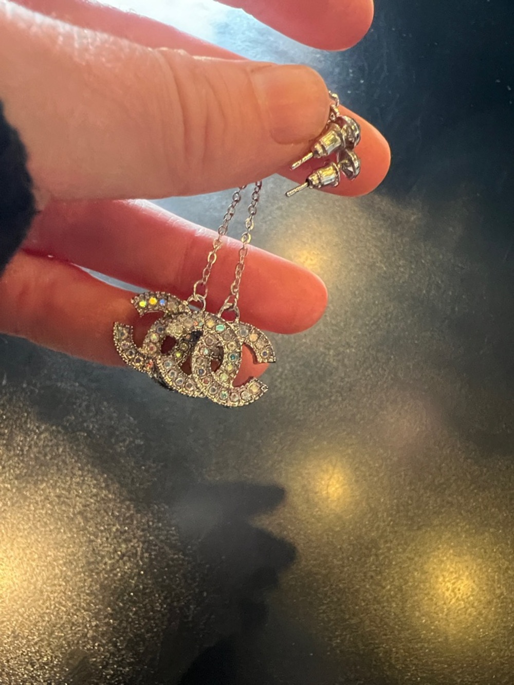 CHANEL silver Tone Crystal CC Drop Earrings with Multicolor Stones - Picture 9 of 12